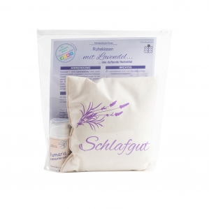 Ruhekissen SCHLAFGUT mit Lavendel in Schweizer Schafschurwolle, im SET mit 50ml Fumaria Hautschutzpflege