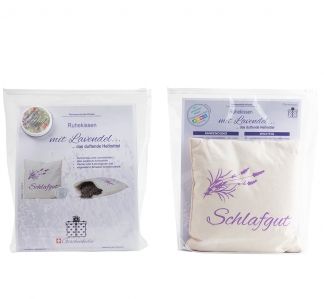 Ruhekissen SCHLAFGUT mit Lavendel in Schweizer Schafschurwolle, im SET mit 20ml Fumaria Hautschutzpflege
